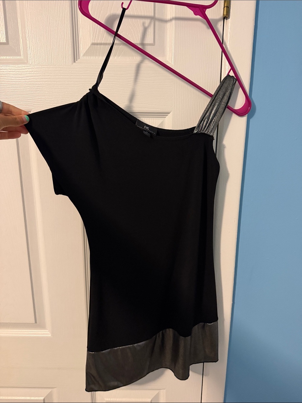 Iz Byer Black One-Shoulder Tank with Silver Trim